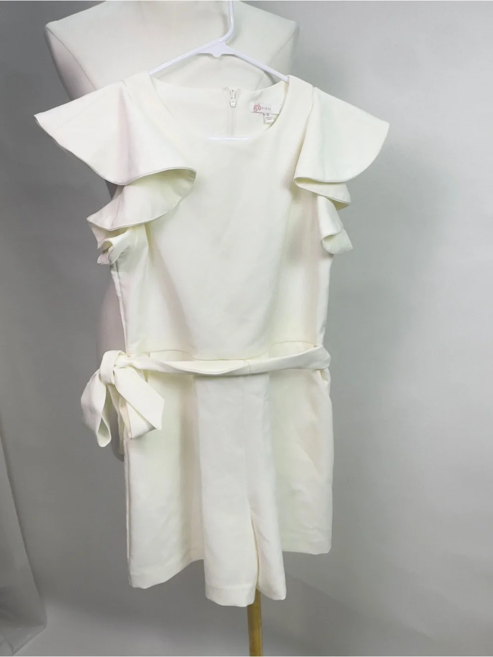GB girls Cream White Ruffle Sleeve Shorts Romper | Pockets Waist Tie Bow Formal